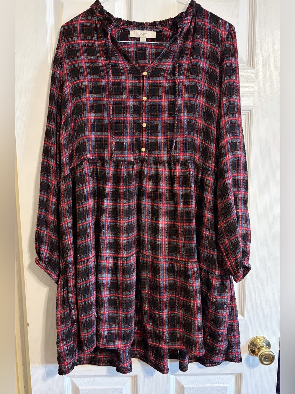 LOFT XL Red Black Plaid Metallic Tiered Babydoll Dress Ruffle Neck Holiday